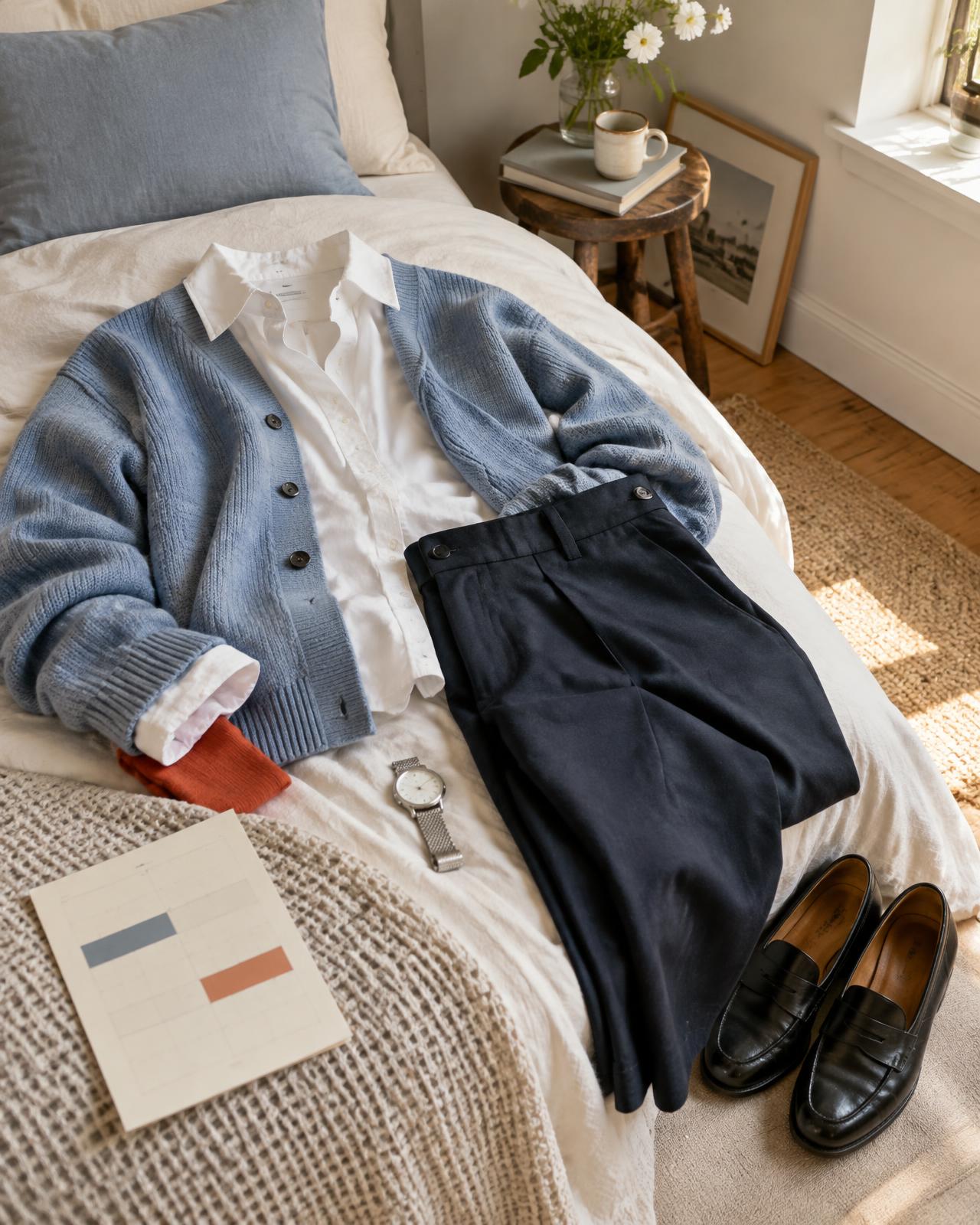 A mist-blue cardigan, white shirt, dark trousers and loafers arranged for a day of work and dinner